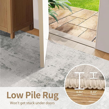 9x12 Area Rug for Living Room, Large Washable Rug, Soft Neutral Abstract Rug for Bedroom, Office, Farmhouse, Low Pile Imitation Wool Non Slip Carpet Ideal for High-Traffic Areas, Green Grey
