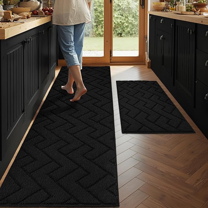 hicorfe Kitchen Runner Rugs and Mats Sets,2 Pieces Absorbent Non-Slip Kitchen Rug,Comfort Kitchen Mat for Floor,Washable for Kitchen,Hallway,Office,Sink,Laundry(24"x71"+20"x32",Black)