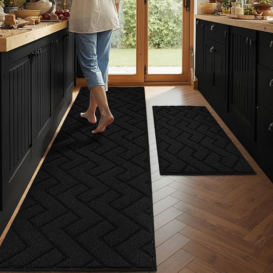 hicorfe Kitchen Runner Rugs and Mats Sets,2 Pieces Absorbent Non-Slip Kitchen Rug,Comfort Kitchen Mat for Floor,Washable for Kitchen,Hallway,Office,Sink,Laundry(24"x71"+20"x32",Black)
