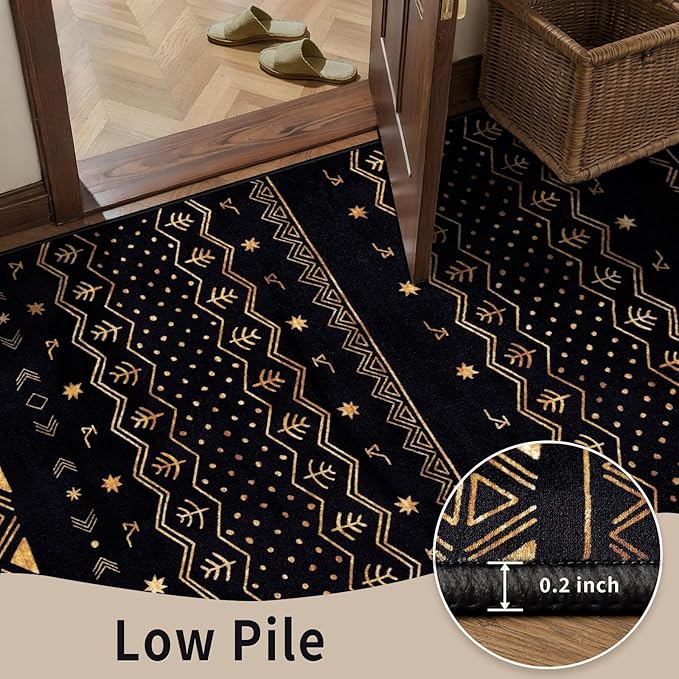 SERISSA 8x10 Area Rugs for Living Room, Washable Non-Slip Black and Gold Boho Rug, Soft Low-Pile Geometric Indoor Large Carpet for Dining Room Bedroom Home Office Playroom