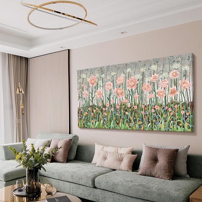 Extra Large Rustic Landscape Plant Wall Art For The Living Room, Pink And Green Natural Floral Canvas Art Print, Warm And Soothing Modern Wall Decor Picture For Living Rooms, Lounges, Bedrooms, And Studies. 58X29 Inches.