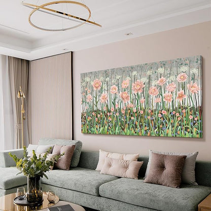 Extra Large Rustic Landscape Plant Wall Art For The Living Room, Pink And Green Natural Floral Canvas Art Print, Warm And Soothing Modern Wall Decor Picture For Living Rooms, Lounges, Bedrooms, And Studies. 58X29 Inches.