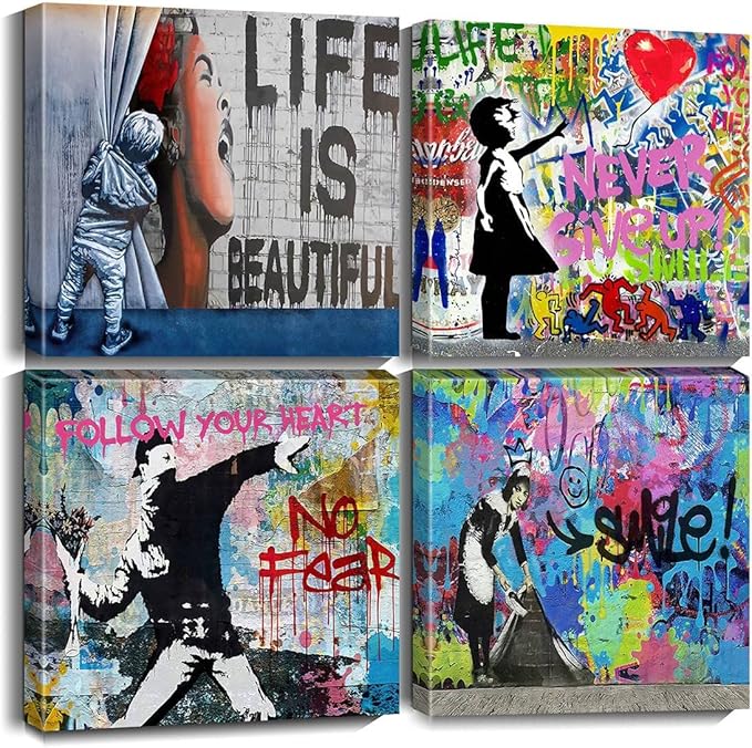 Biufo Banksy Canvas Wall Art Prints Pop Street Art Picture Paintings for Living Room Bedroom Wall Decor (16"x16"x4Pcs)