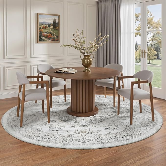 Washable 6ft Round Area Rug - Vintage Non-Slip Circle Rugs for Living Room, Low-Pile Stain Resistant Round Indoor Carpet for Bedroom Dining Room Ivory/Gray
