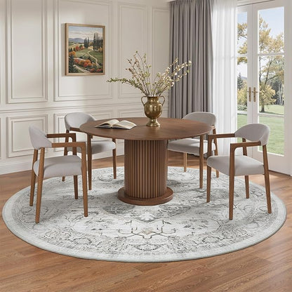 Washable 6ft Round Area Rug - Vintage Non-Slip Circle Rugs for Living Room, Low-Pile Stain Resistant Round Indoor Carpet for Bedroom Dining Room Ivory/Gray