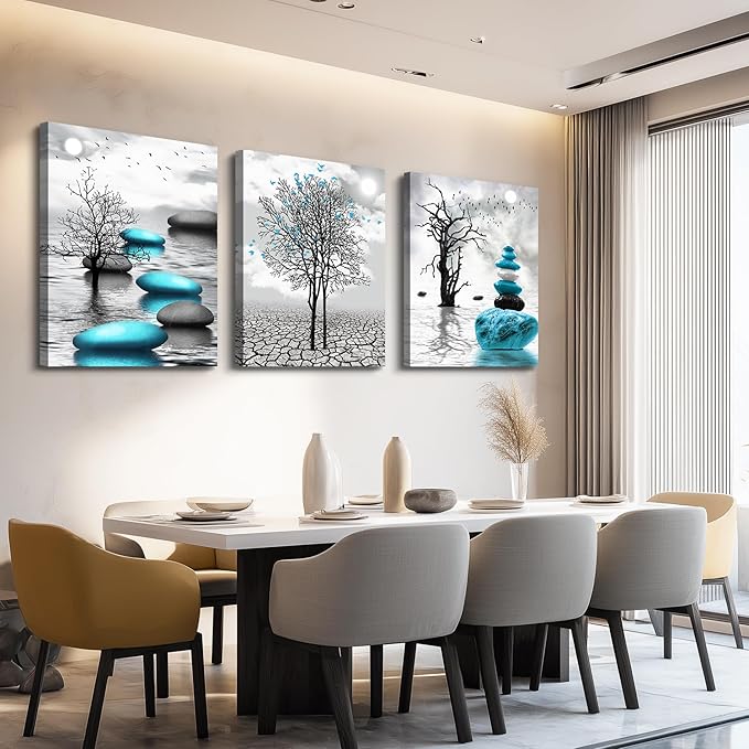 Canvas Wall Art for Living Room Wall Decor for Bedroom Bathroom Black and White Paintings Modern 3 Piece Framed Canvas Art Prints Ready to Hang Inspirational Abstract Blue Pictures Home Decorations