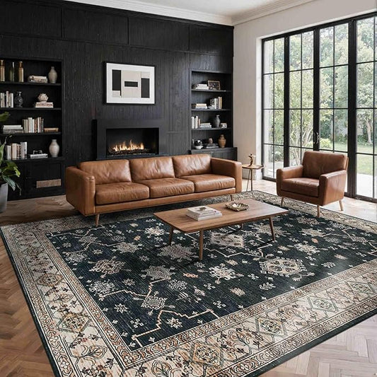 Rugxara 8x10 Area Rugs for Living Room, Large Washable Rug, Black Vintage Boho Rug, Non Slip & Low Pile Faux Wool Carpet for Indoor Dining Room, Bedroom and Farmhouse(Black 8x10ft)