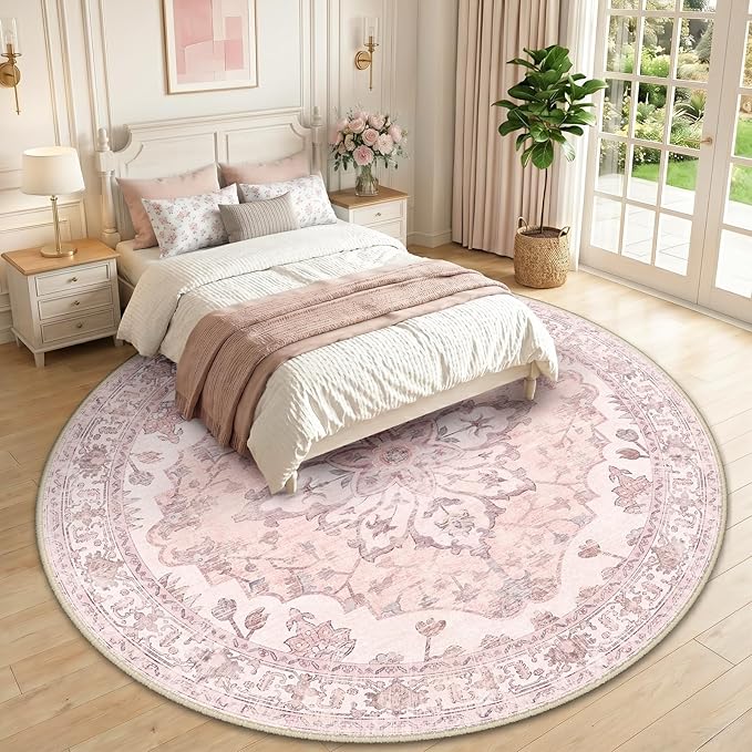 RELEANY Area Rugs Round 10ft Washable Non-Slip, Floral Vintage Distress Print Pattern Medallion Carpet for Living Room Bedroom Dining Room, Pink Greypink Cute