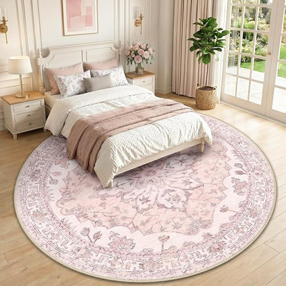 RELEANY Area Rugs Round 10ft Washable Non-Slip, Floral Vintage Distress Print Pattern Medallion Carpet for Living Room Bedroom Dining Room, Pink Greypink Cute