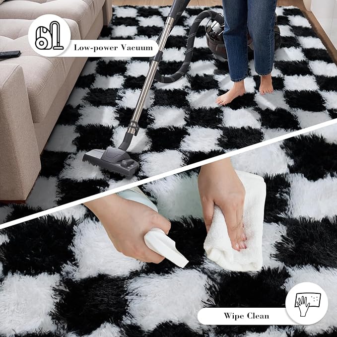 Checkered Rug for Living Room, 9x12 Black and White Area Rugs, Classic Checkered Carpets Shag Area Rug, Bedside Rugs for Living Room Bedroom Kids Room Home Decor