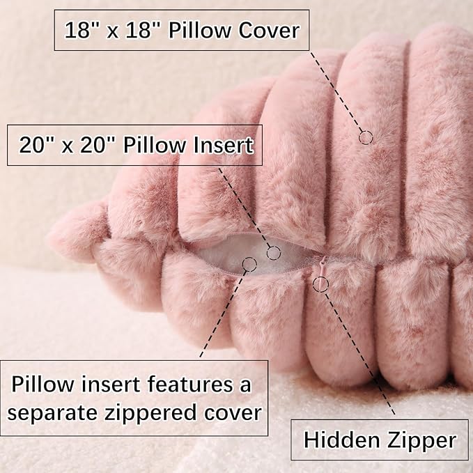 Decorative Throw Pillow with Inserts, Set of 2 Soft Faux Fur Throw Pillows, Square Boho Striped Pillow for Couch, Bed, Sofa Decor (Pink, 18" x 18"(Pack of 2))