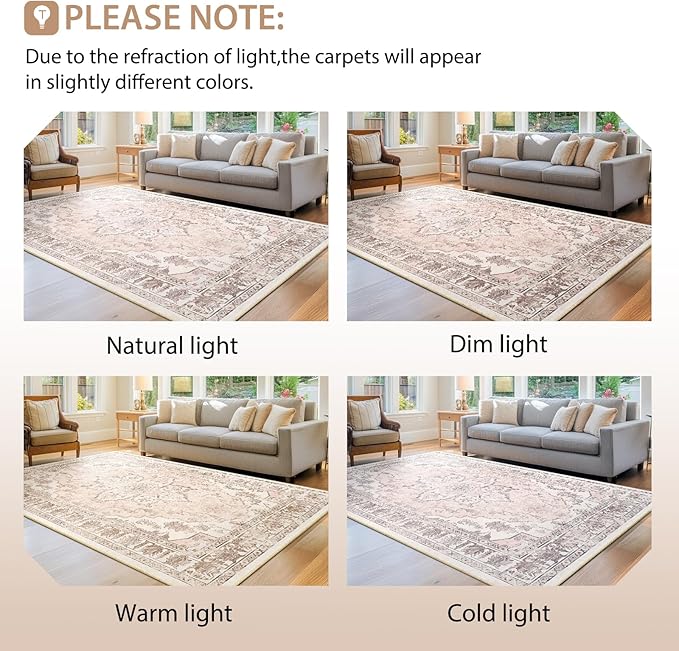 BESTSWEETIE 9x12 Area Rug Washable Rugs for Living Room, No Pile Boho Carpet for Entryway Bedroom Dinning Room, Vintage Carpet Print Distressed Non-Slip, 9 x 12 ft, Pink Beige Grey