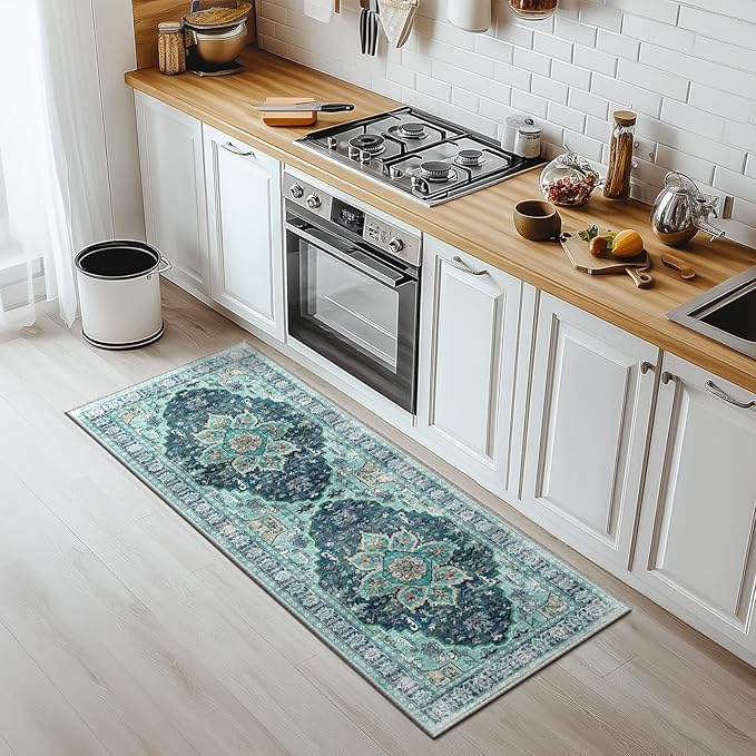 BESTSWEETIE 2x6 Area Rug Washable Rugs for Living Room, No Pile Boho Carpet for Entryway Bedroom Dinning Room, Vintage Carpet Print Distressed Non-Slip, 2 x 6 ft, Teal Dark Green