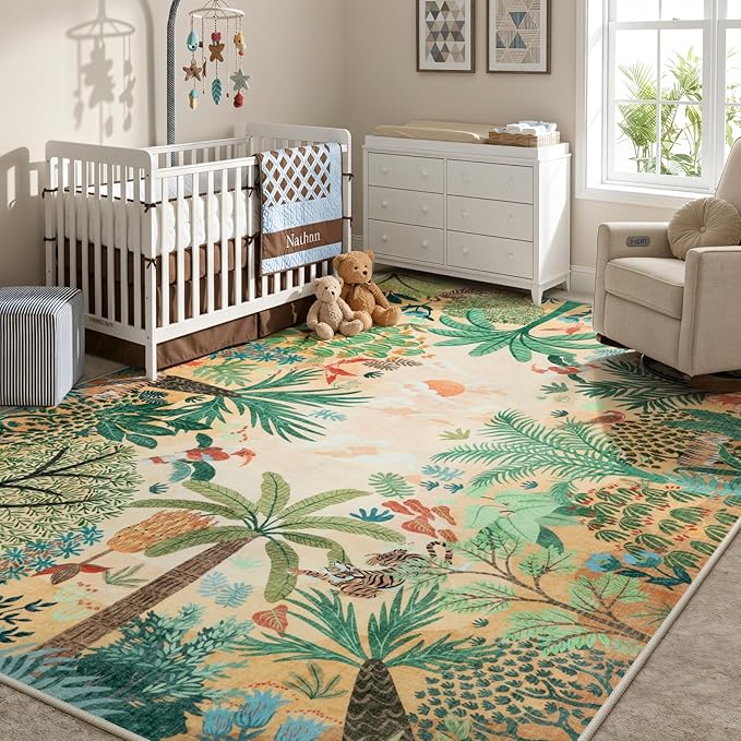 LIVEBOX Boho 8x10 Area Rugs for Living Room, Washable Soft Jungle Animal Print Rug for Bedroom, Farmhouse Non Slip Rug Floor Carpet, Forest Dining Room Rugs for Under Table
