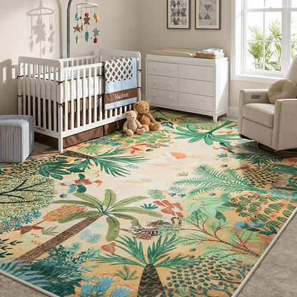 LIVEBOX Boho 8x10 Area Rugs for Living Room, Washable Soft Jungle Animal Print Rug for Bedroom, Farmhouse Non Slip Rug Floor Carpet, Forest Dining Room Rugs for Under Table