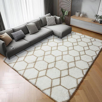 ONASAR 5x7 Area Rugs for Living Room Bedroom, Fluffy White and Beige Faux Fur Bedside Rug, Geometric Boho Soft Plush Shaggy Floor Carpet Mat for Nursery Kids Girls Teen Dorm Home Decor