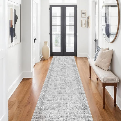 Grey Runner Rugs for Hallway: Abstract Washable Runner Rug 2x10 for Entryway Kitchen Bedroom Bathroom - Modern Cozy Home Decor Long Carpet Mat Stain-Resistant - Light Grey