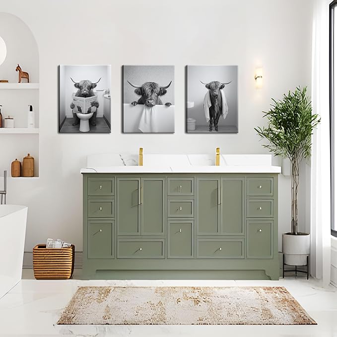 Funny Bathroom Highland Cow Wall Art, Black and White Cute Cow Animal Canvas Posters Prints Set of 3, Vintage Rustic Farmhouse Home Pictures Wall Decor Painting for Bathroom Restroom Framed 12x16 Inch