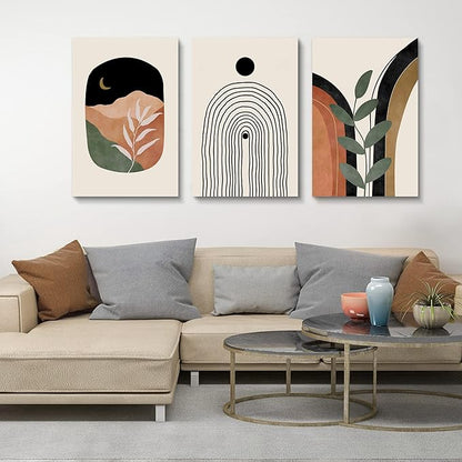 Boho Wall Art Set of 3, Mid Century Modern Canvas Wall Painting, Neutral Abstract Geometric Prints for Bedroom, Bathroom, Living Room, Office