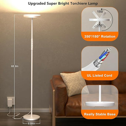 Yikuneng Super Bright Floor Lamp for Living Room, Stepless Dimmable LED Standing Lamp with Remote and Touch Control, 69” Tall Torchiere Corner Lamp for Bedroom Office Hotel, White