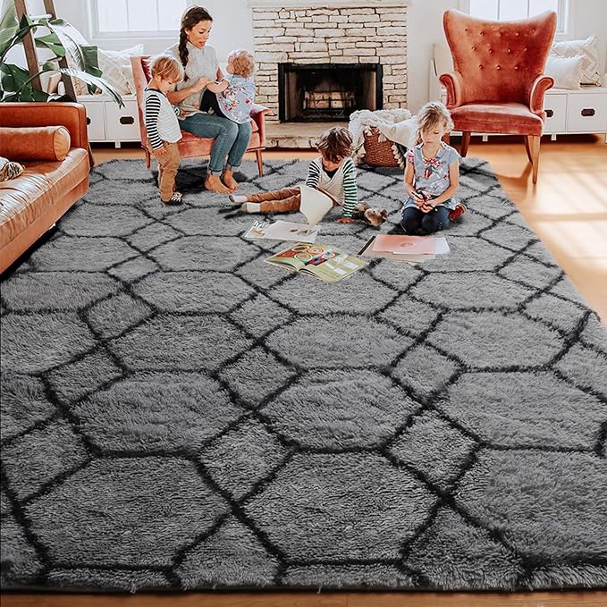 ONASAR 5x8 Area Rugs for Living Room, Fluffy Soft Grey and Black Geometric Rug for Bedroom, Shaggy Fuzzy Plush Moroccan Floor Carpet for Kids Boys Girls Teen Nursery Dorm Office Home Decor Aesthetic
