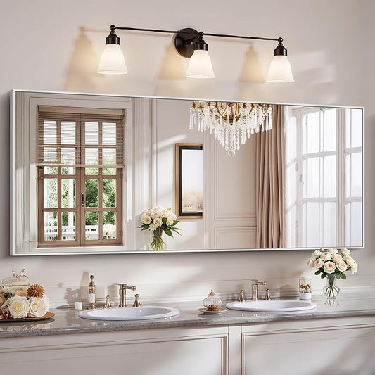 YIROMAN Bathroom Mirror 72"x30", Large Brushed Silver Bathroom Mirror for Over Sink with Aluminum Frame, Rectangular Vanity Mirror with Right Angle, Wall Mirror Hangs Horizontal or Vertical