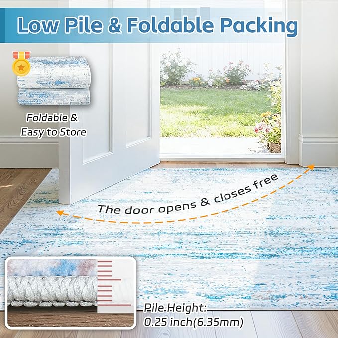 8x10 Area Rugs Washable Rug:Anti-Skid Abstract Modern Living Room Rug Soft Thin Carpets Indoor Floor Non-Shedding Carpet for Bedroom Dining Farmhouse Nursery Home Office(Light Blue/White/Beige, 8x10)