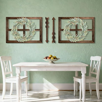 WAKOSAN Rustic Wood Window Frame with Green Wreath and Arrows Wall Decor, Farmhouse Wooden Fake Window Decoration for Bedroom Living Room,Set of 2 (Large Brown)