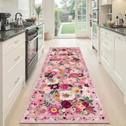 Pink Rug for Hallways Kitchen Rug 2x6, Non Slip Washable Rugs with Rubber Backing Soft Floral Carpet Runner for Hallways, Kitchen, Laundry, Bedroom, Bathroom