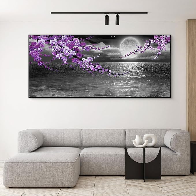 yiijeah Large Purple Wall Art Decor for Living Room Bedroom Framed Black and White Seascape Full Moon Purple Flower Painting Canvas Picture Modern Hand-Painted Plum Blossom Artwork for Home Office