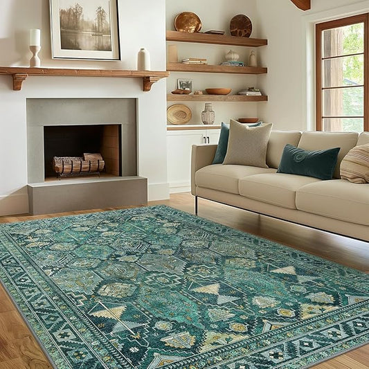 Bavni Washable Rug 9x12 Area Rug for Living Room Bedroom Dining, Washable Vintage Print Carpet, Ultra-Thin Chenille Low Pile Lightweight Rug with Non Slip Backing, Dark Green