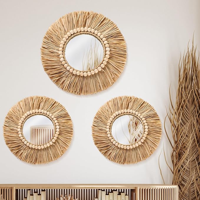 3 Pcs Boho Raffia Mirror Wall Hanging Decor 15.8 Inch 11.8 Inch Rustic Round Boho Circle Mirrors with Wood Bead Farmhouse Aesthetic Nursery Mirrors for Bedroom Living Room Bathroom Wall Decor