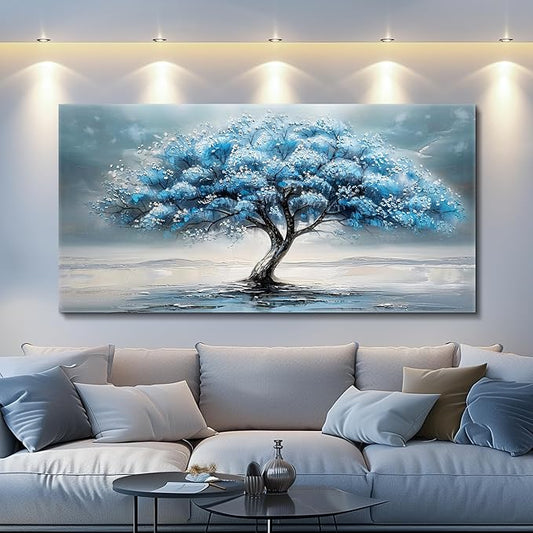 FUHAIHUA Farmhouse Wall Decor For Living Room Large Canvas Wall Art For Bedroom Office Decorations Blue Tree Paintings Abstract Wall Pictures Artworks Ready To Hang Home Decor Mural Art 24"X48"