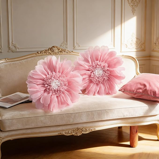 Pink Flower Pillow Cute Decorative Flower Round Shaped Throw Pillows Handmade 3D Daisy Floral Accent Pillow Soft Elegant Cushion for Bed Couch Sofa Chair Bedroom Living Room Home Decor 12Inch