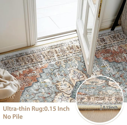 BESTSWEETIE 5x7 Area Rug Washable Rugs for Living Room, No Pile Boho Carpet for Entryway Bedroom Dinning Room, Vintage Carpet Print Distressed Non-Slip, 5 x 7 ft, Green Brick Rust Red
