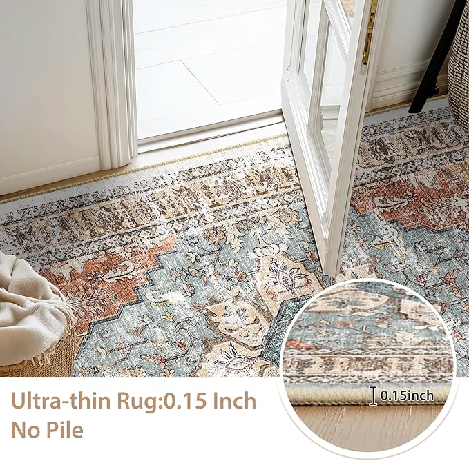 BESTSWEETIE 3x5 Area Rug Washable Rugs for Living Room, No Pile Boho Carpet for Entryway Bedroom Dinning Room, Vintage Carpet Print Distressed Non-Slip, 3 x 5 ft, Green Brick Rust Red