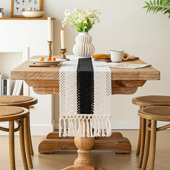 FEXIA Boho Table Runner for Summer Home Decor with Tassels 90 Inches Long Farmhouse Rustic Black Gothic Table Runner Macrame Gothic Burlap Table Decoration for Kitchen Living Room (12x90 Inches)