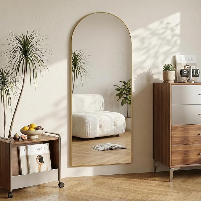 Arched Full Length Mirror 71 x 28 Inch, Full Body Mirror with Stand, Standing Hanging or Leaning Against Wall, Metal Frame Floor Mirror for Bedroom, Living Room, Cloakroom,Gold