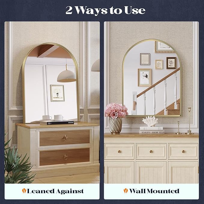 Gold Arched Bathroom Mirrors Pair, 2-Pack 22x30 Inch Metal Framed Arch Vanity Mirrors for Over Sink, Living Room Bedroom Mantel Entryway Hallways