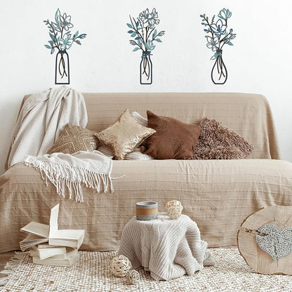 ARTINME 3 Pieces Metal Flowers Wall Arts - Rustic Farmhouse Decor Minimalist Flower Wall Decors for Living room Bathroom Kitchen Bedroom Dining Room - Housewarming Gifts (Blue)