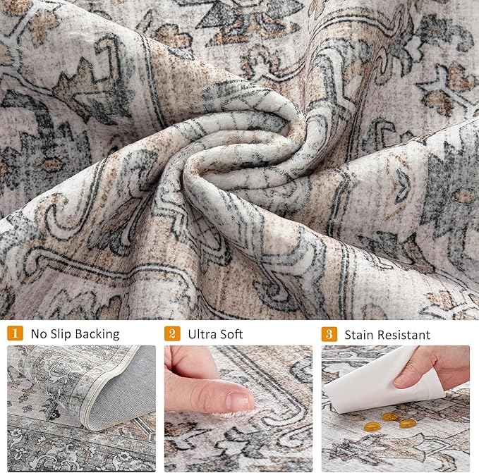 7x9 Washable Area Rugs for Living Room: Non Slip Vintage Gray Brown Rug, Large Soft Stain Resistant Indoor Floor Carpets for Bedroom Dining Room Nursery Home Office Kid & Pet Friendly