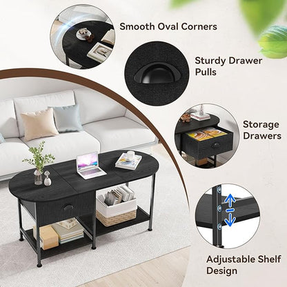 37" Oval Small Coffee Table with Storage,Modern Wood Living Room Center Table for Small Space,Apartment,Home Office,Drawer & Open Shelves,Easy Assembly,Black
