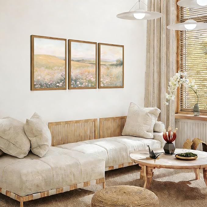 Framed 3Pcs FloralLandscape Canvas Wall Art French Country Painting Picture Wall Decor Vintage Country Wildflower Print Farmhouse Poster Artwork for Living Room Bedroom Home Decoration