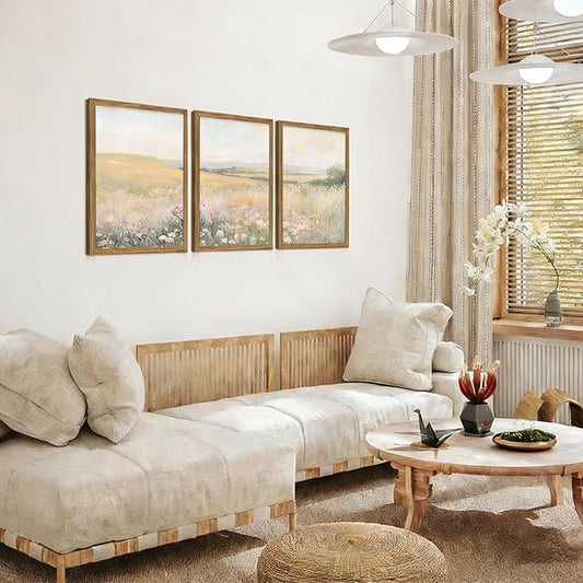 Framed 3Pcs FloralLandscape Canvas Wall Art French Country Painting Picture Wall Decor Vintage Country Wildflower Print Farmhouse Poster Artwork for Living Room Bedroom Home Decoration