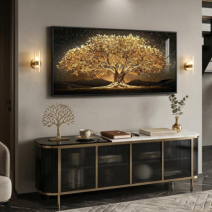 Large Framed Black and Gold Tree of Life Wall Art, Modern Luxury Tree Painting Print Artwork for Walls, Contemporary Dark Elegant Glam Picture for Living Room Bedroom Office Wall Decor, 60x30 Inch