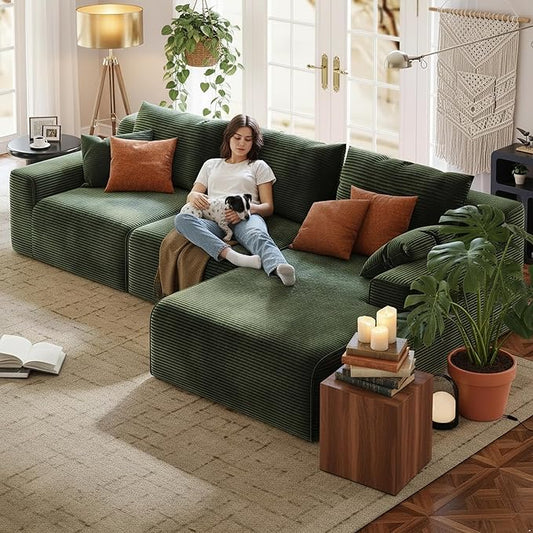 Homkdom L-Shaped Cloud Boneless Couch with Deep Seat, Modular Sectional Sofa with Oversized Chaise, 6 Layouts Combination for Living Room, Apartment, No Assembly (Green, Right Facing Chaise)