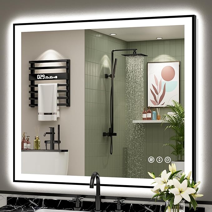 40x38 Black Framed LED Bathroom Mirror with Lights, Backlit and Front Lit Anti-Fog Lighted Vanity Mirrors for Bathroom Wall, Dimmable, 3 Colors, Memory, HD Tempered Glass, Horizontal/Vertical