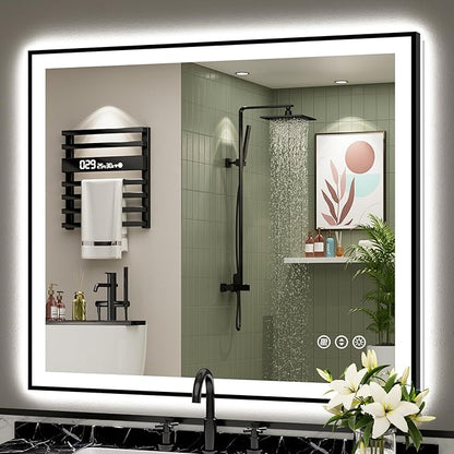 40x38 Black Framed LED Bathroom Mirror with Lights, Backlit and Front Lit Anti-Fog Lighted Vanity Mirrors for Bathroom Wall, Dimmable, 3 Colors, Memory, HD Tempered Glass, Horizontal/Vertical