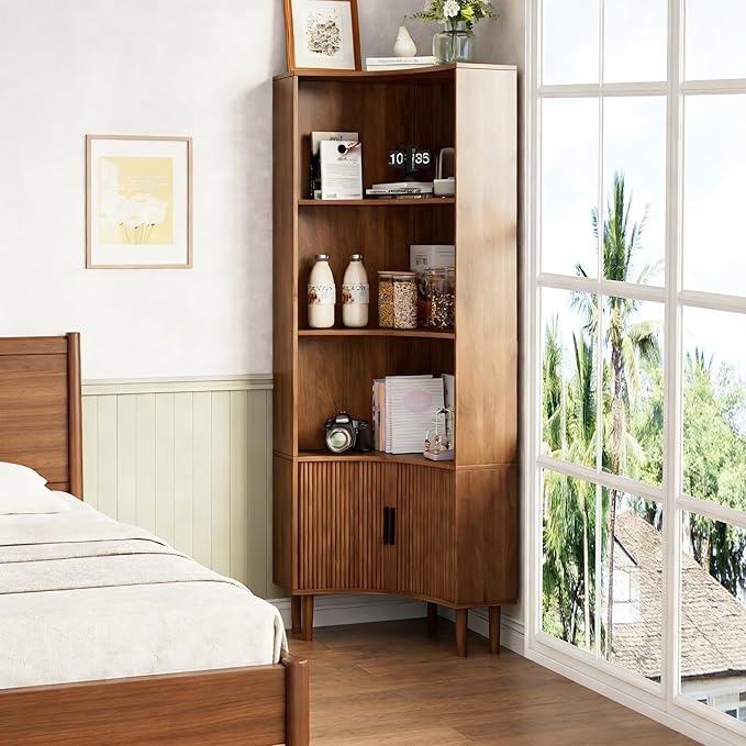 Lxsxlome Fluted Corner Cabinet, 66.928" Tall Corner Floor Cabinet with Sliding Doors and Shelves, Modern Wooden Freestanding Narrow Storage Organizer for Kitchen,Living Room (Walnut, 66.92" H)
