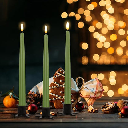 CVHOMEDECO. Flameless Taper Candles with 10-Key Remote, Battery Operated Led Flickering 3D Wick Window Candles Real Wax Finished Home Christmas Party Decor 0.78 x 11 Inch, Pack of 3, Sage Green